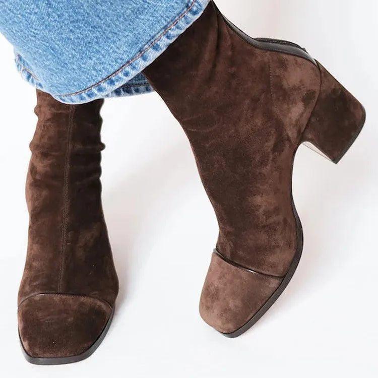 Retro Square Toe Block Heel Boots